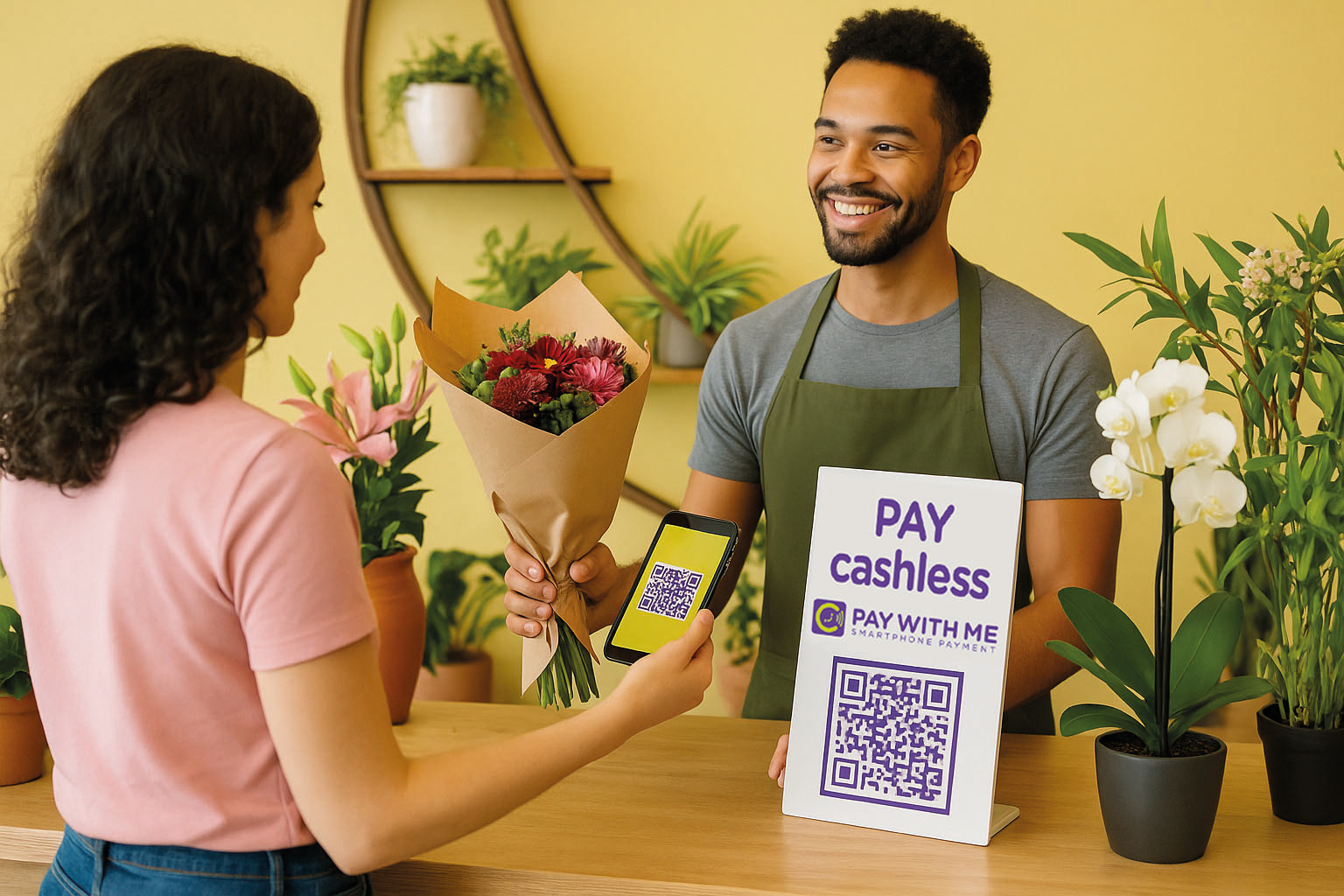 <p>Kundin bezahlt kontaktlos per Smartphone über einen QR-Code, der auf dem Display einer gewöhnlichen Kasse mit „Pay with ME&nbsp;– PAY“ beworben wird.</p>