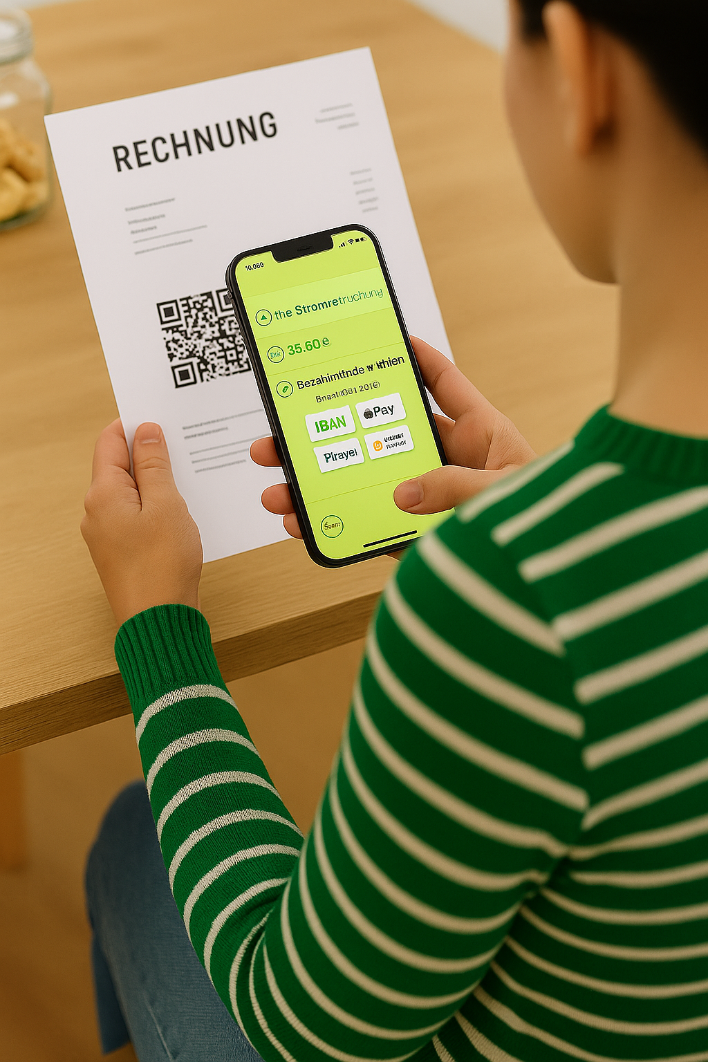 <p>Jemand scannt mit seinem Smartphone einen QR-Code auf einer Rechnung.</p>
