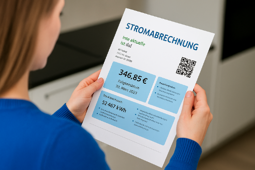<p>Eine Frau hält eine Rechnung in der Hand auf der ein QR-Code abgebildet ist.</p>