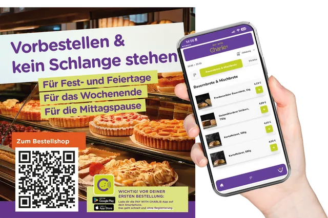 Werbeflyer für eine Click & Collect-Lösung mit Pay with ME-QR-Code, darüber eine Hand mit Smartphone, die die Pay with ME App anzeigt.