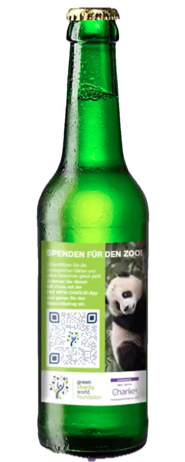 Eine Glasflasche mit einer aufgedruckten Spendaktionen und einem QR-Code.