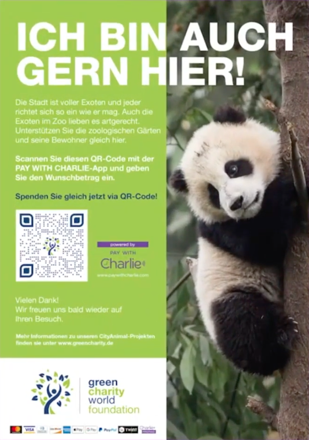 Ein Plakat einer Spendenaktionen mit einem Panda und einem QR-Code.