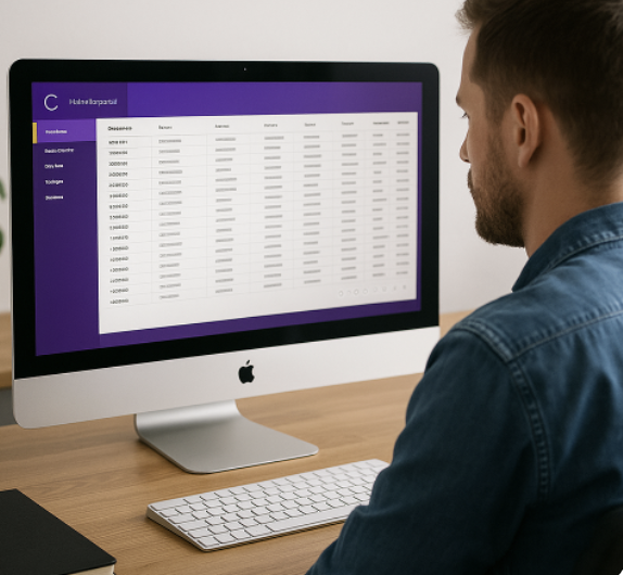 Ein Mann sitzt an einem PC und guckt in das Händlerportal von Pay With Me.